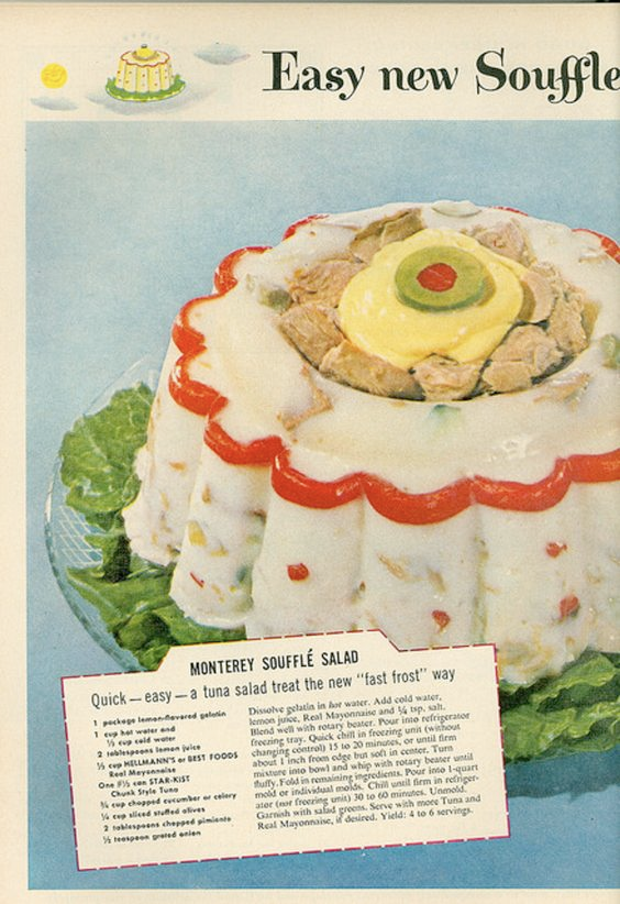 Midcentury tuna salad gelatin ad for an "Easy new Souffle" -- "Monterey Souffle Salad"
