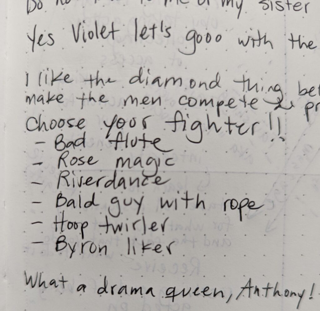 Ashley's notes — Choose your fighter, talent show edition:
- Bad flute
- Rose magic
Riverdance
- Bald guy with rope
- Hoop twirler
- Byron liker