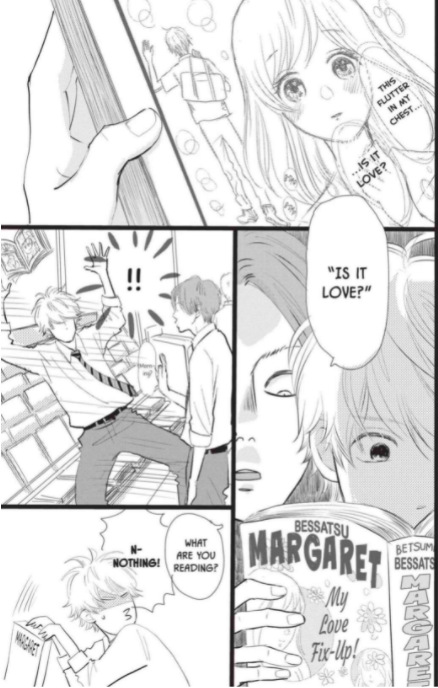 Aoki reads "Bessatsu Margaret", a shoujo manga magazine features a story titled "My Love Fix-Up!"