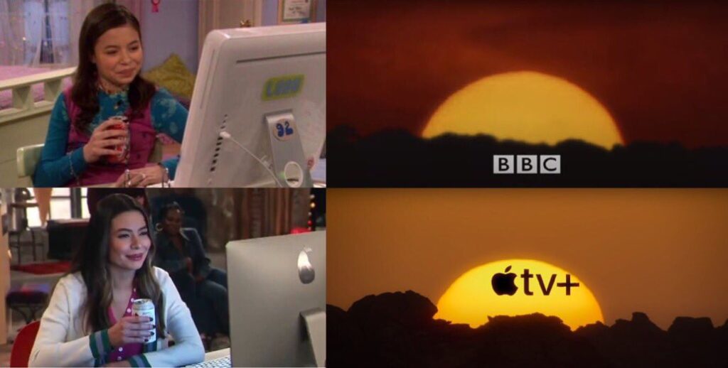 That meme of the girl drinking soda and looking at a computer, then her grown up and doing the same — but it's the BBC logo transforming into the Apple TV+ logo.