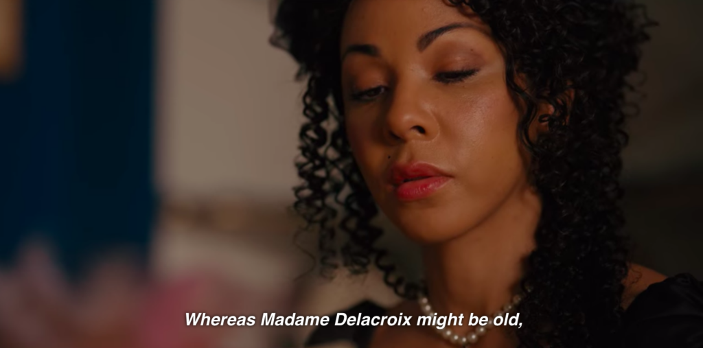 The modiste reads Lady Whistledown's: "Whereas Madame Delacroix might be old..."