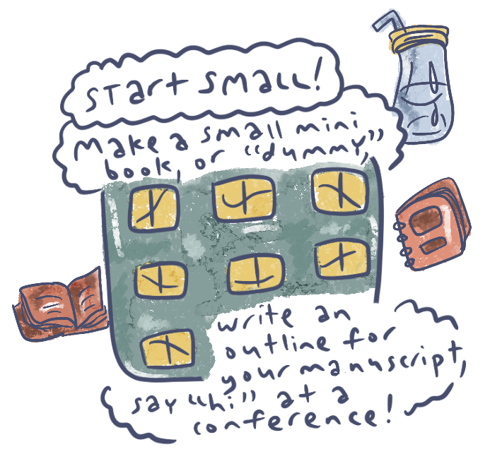 start small! make a small mini book or "dummy," write an outline for your manuscript, say "hi" at a conference!