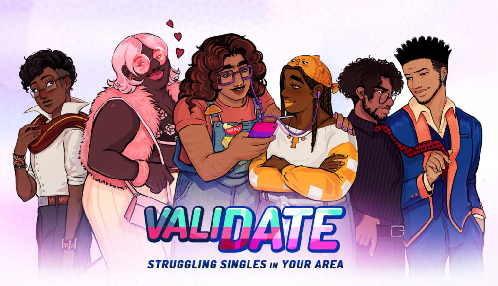 Teaser image for dating sim ValiDate: Struggling Singles in your Area featuring six of the game's cuties hanging out