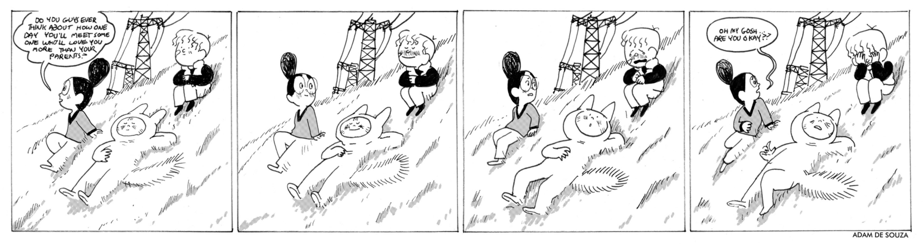 Four-panel comic showing three kids on a hill. In the first, one kid with their hair in a big bun and glasses says, "do you guys ever think about how one day you'll meet someone who'll love you more than your parents?" In the following two panels, the other two kids go from happy to upset. In the final panel, the first character says "Oh my god are you okay??" as their friends cry in anguish.