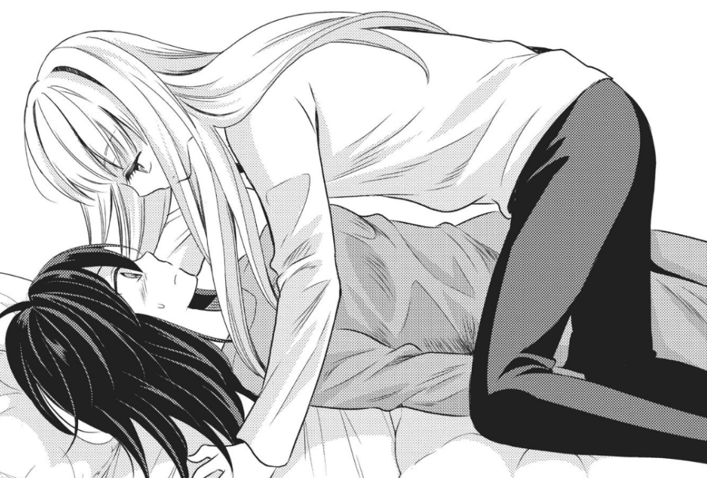 Hana, leaning over Machi on a bed.