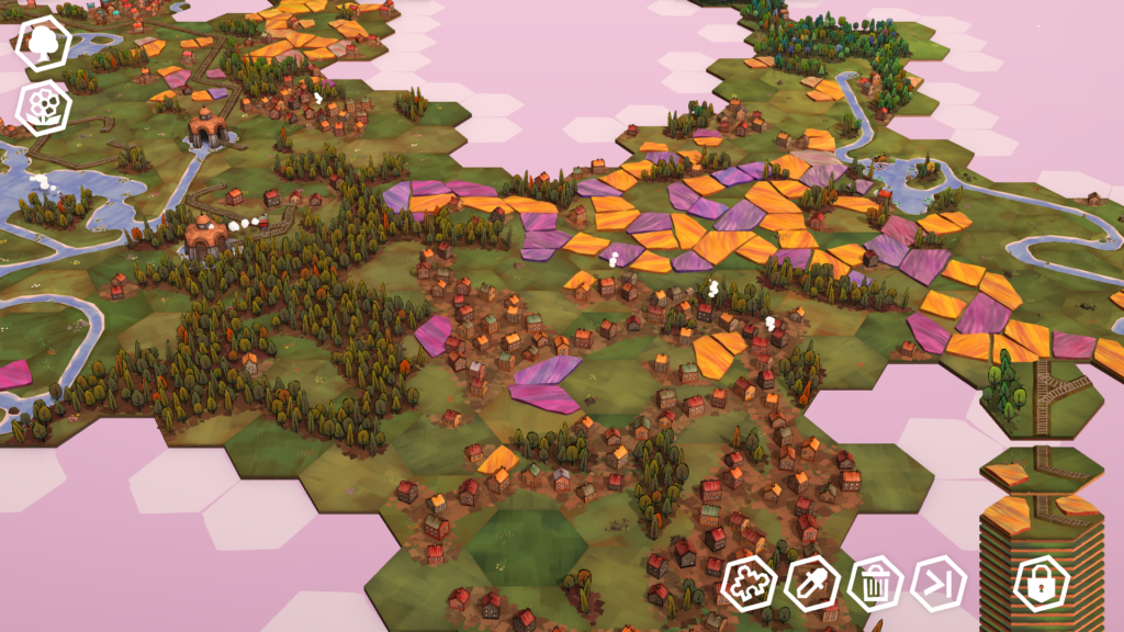 Lavender fields, sprawling villages, thick forests and rivers placed in a Dorfromantik Creative Mode game.