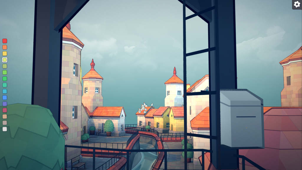 A view of a canal city built in Townscaper from a balcony.