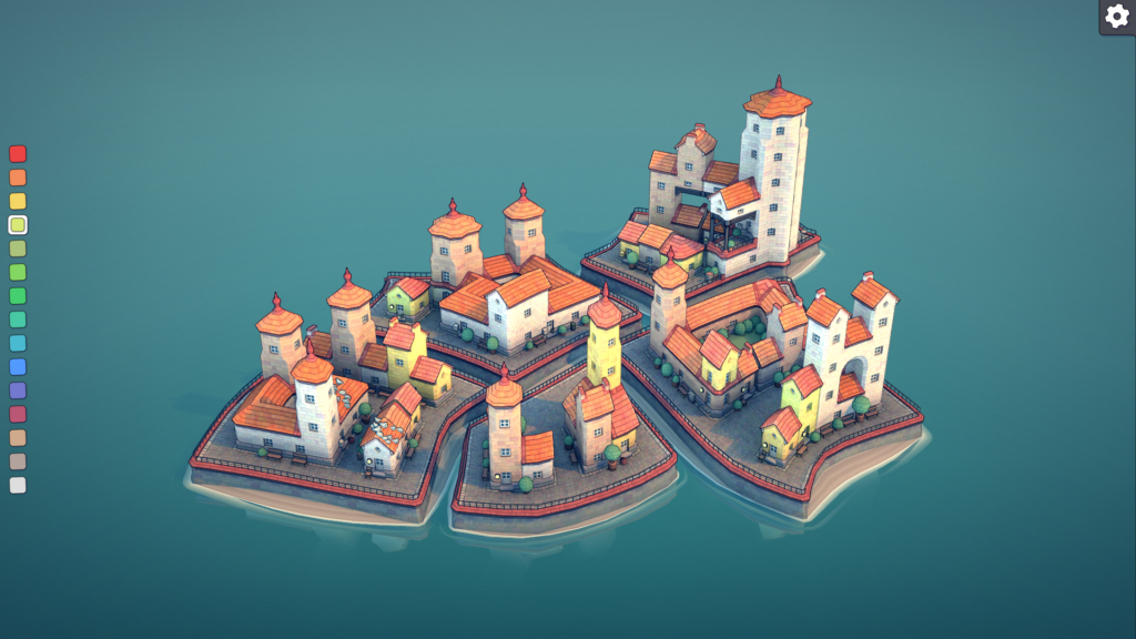 A bird's eye view of the idyllic canal city built in Townscaper.