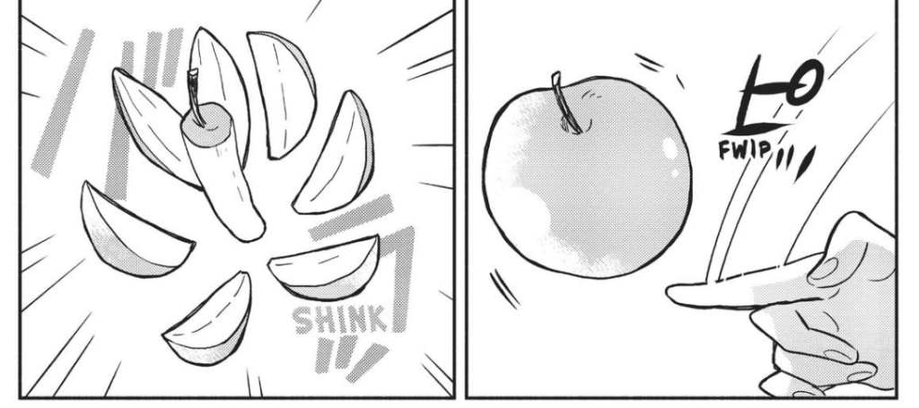 Shizuka slices her finger in front of an apple, and it splits into perfectly sized slices.