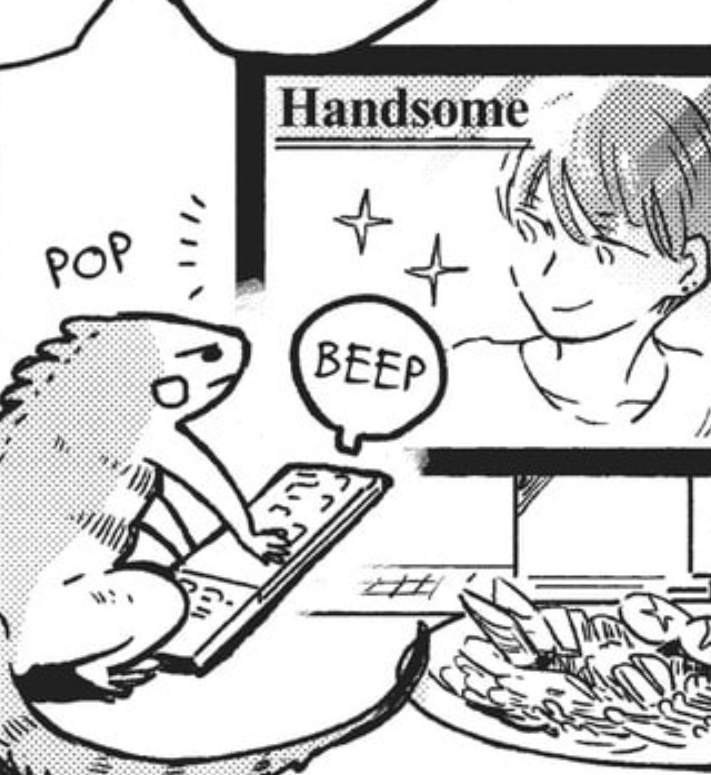 Komachi the iguana is watching shoujo anime, and three is a handsome boy and it just says "Handsome" on the screen.