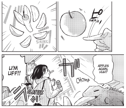 The same apple slicing panel, but Komachi says "Apples, again, huh?" in a judge-y way.