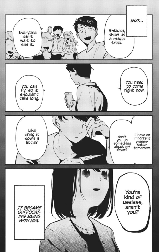 The same pattern or 3 panels, but the gutters are a gradient to black as Shizuka realizes, "It became suffocating being with him."