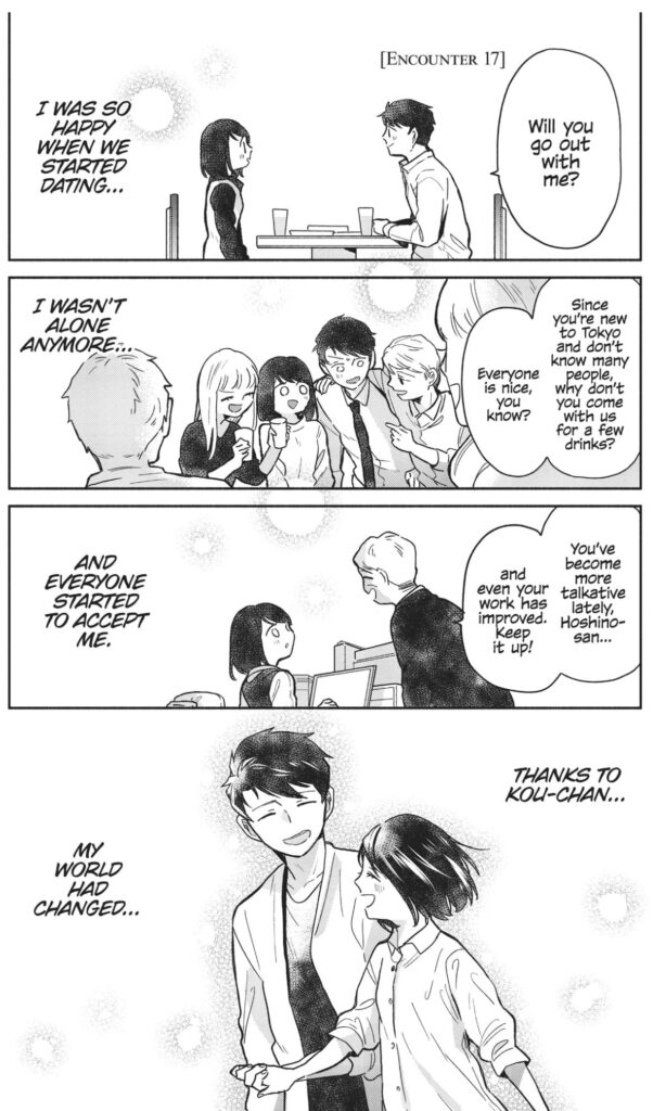 Three panels ending with an open panel at the end, as Shizuka reminisces on her relationship with her ex.