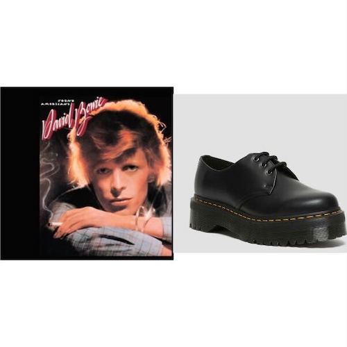 on the left: the album cover for Young Americans by David Bowie. the headshot of a man with feathery blonde hair who is backlit and smoking a cigarette.

on the right: the 1461 Smooth Leather Platform Shoes by doc marten. a black platform low rise shoe in an oxford kind of style with laces.