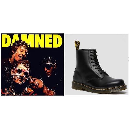 on the left: the album cover for Damned Damned Damned by The Damned. four english punks are covered in whipped cream. two wear sunglasses. one is licking the top of another's head. one is resting his head on the shoulder of the one who is being licked. the fourth is in shadow.

on the right: the 1460 Boot by doc marten. a black platform high rise boot. probably what you think of when you think of doc martens.