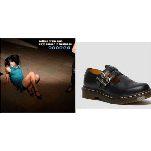 on the left: the album cover for Retired From Sad, New Career in Business by Mitski. a woman in a blue dress catches herself as she falls backwards onto brick pavers

on the right: the 8065 Smooth Leather Mary Jane Shoes by doc marten. a black platform low rise shoe with two mary jane buckle straps across the top of the foot.