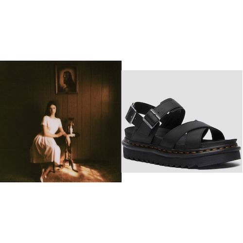 on the left: the album cover for Preacher’s Daughter by Ethel Cain. a woman in a white dress sits in a wood paneled room below a painting of jesus

on the right: the Voss II sandal by doc marten. a black platform sandal with thick criss crossing straps.