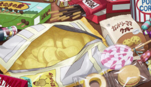 Beautifully drawn anime chips, pocky, and other junk food.
