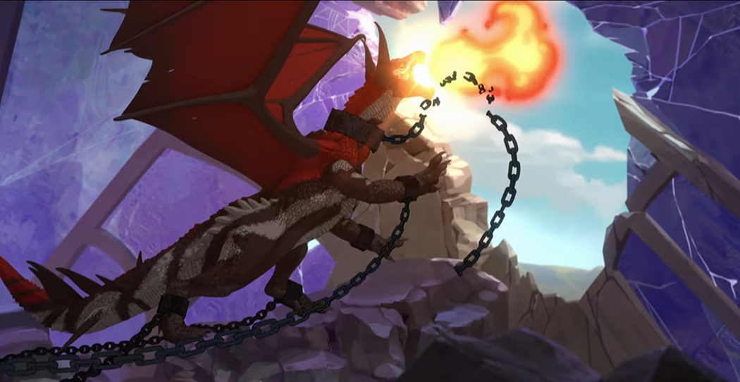 Painting of the Red Dragon breaking free from its chains through the power of its fiery breath
