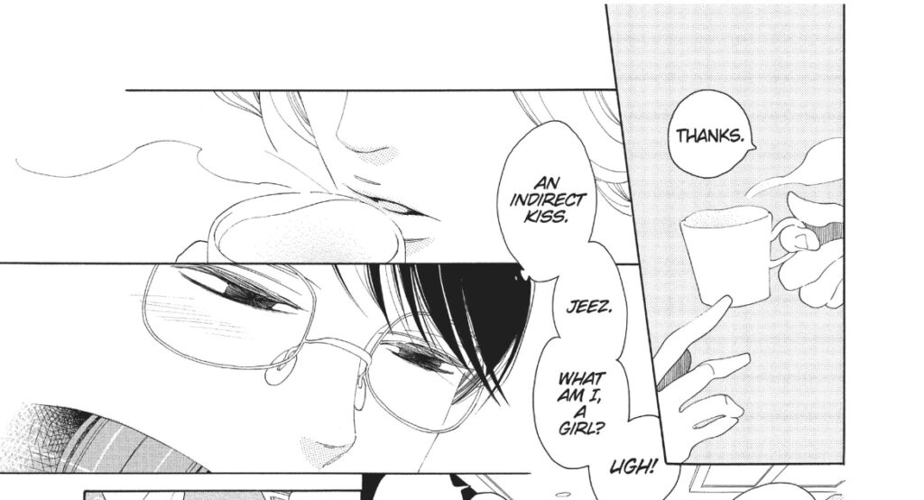Glasses hands his cup to blondie, and thinks "An indirect kiss. Jeez. What am I, a girl? UGH!"