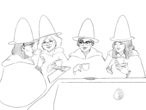 A drawing of the four POME Editorial Crones in witchy attire, celebrating a witch's tea party.